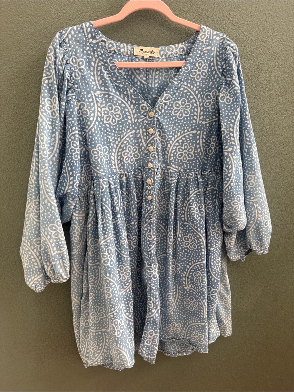 MADEWELL Sz L Bubble-Sleeve Button-Front Mini Dress in Indigo Paisley - Picture 3 of 10